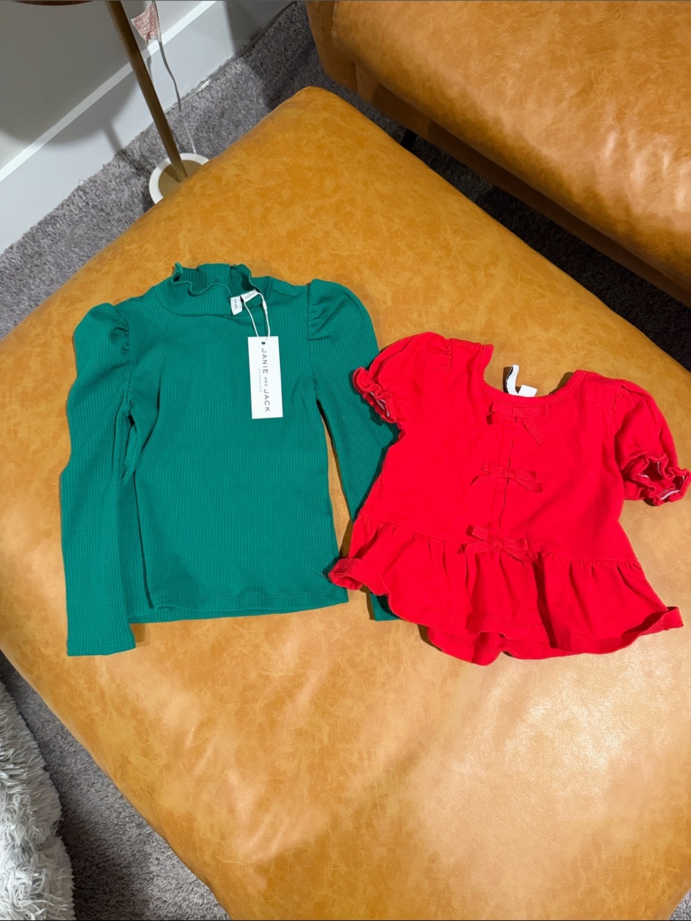Janie and Jack Emerald Green Ribbed LongSleeve Top plus Red Bow detailtop bundle
